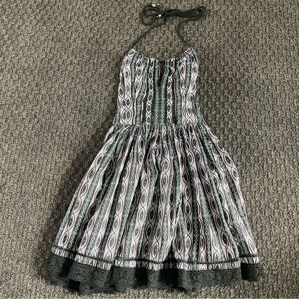 Vintage Black and Purple Patterned Halter Dress